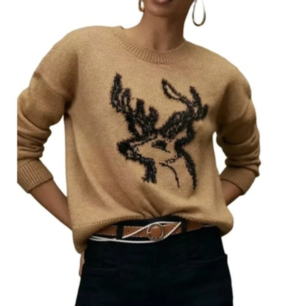 Anthropologie Sweater Womens Small Beige Deer Graphic Knit‎ Crewneck Pullover